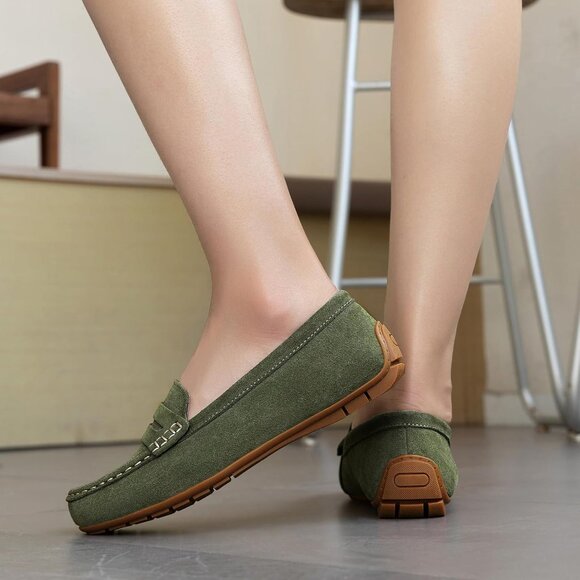 Kordal Women Army Green Suede Gold Accent Buckle Slip-Ons Walking Flats Loafers - Picture 7 of 9